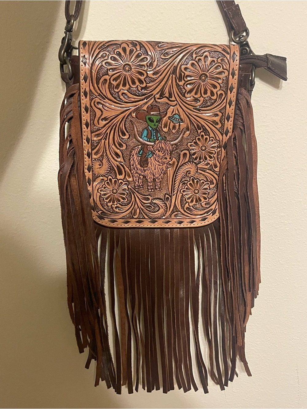 Hand-Tooled Brown Leather Fringe Crossbody Bag with Western Embossing